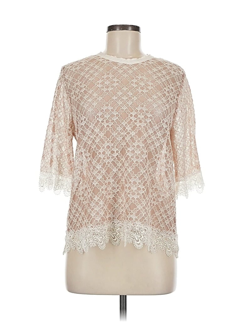 SANDRO Pre-owned 3/4 Sleeve Top Ivory Mock Neckline Tops In White