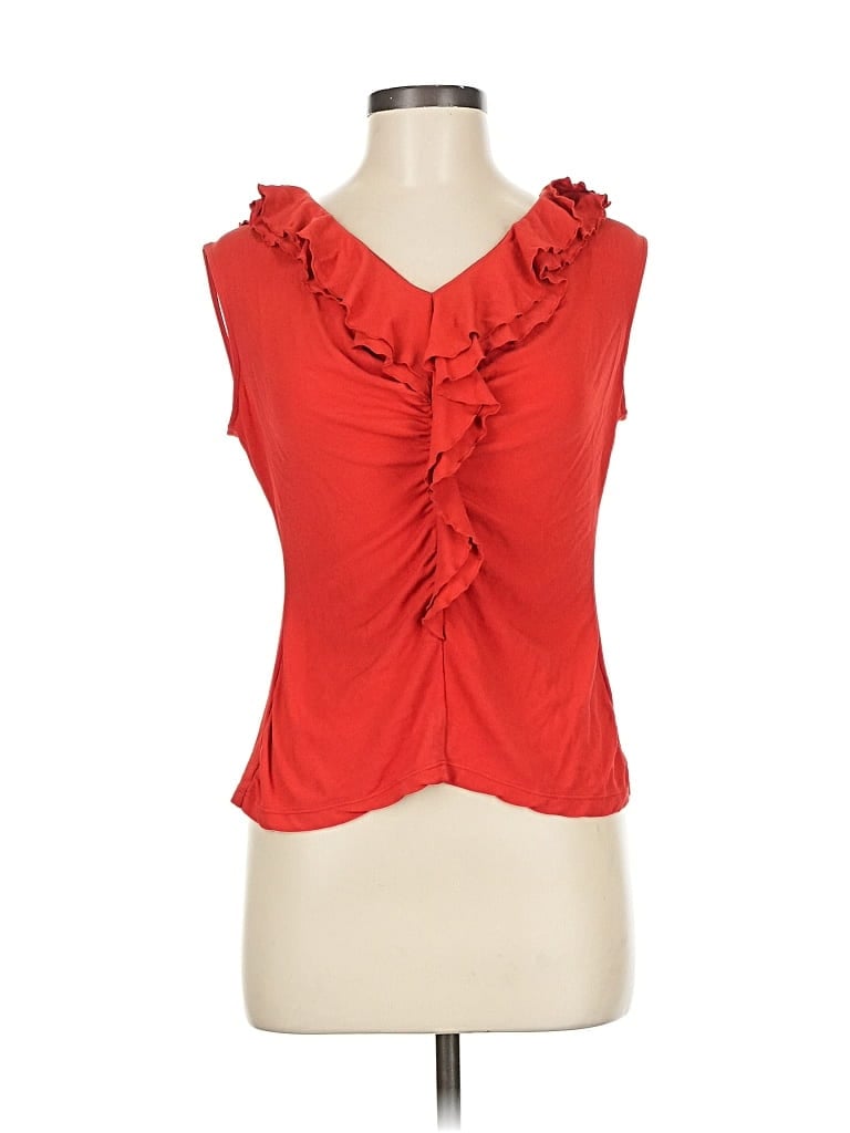 Pre-owned Lafayette 148 Sleeveless Silk Top Orange Ruffles Neckline Tops