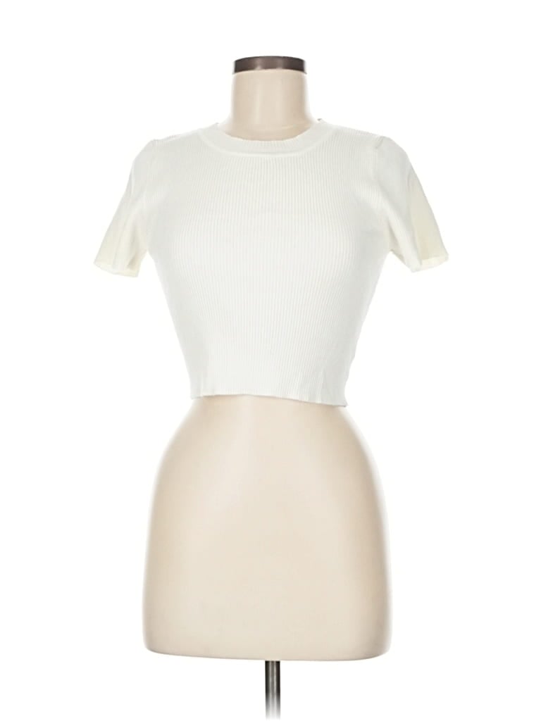 DÉBUT Pre-owned Short Sleeve Top Ivory Mock Neckline Tops In White
