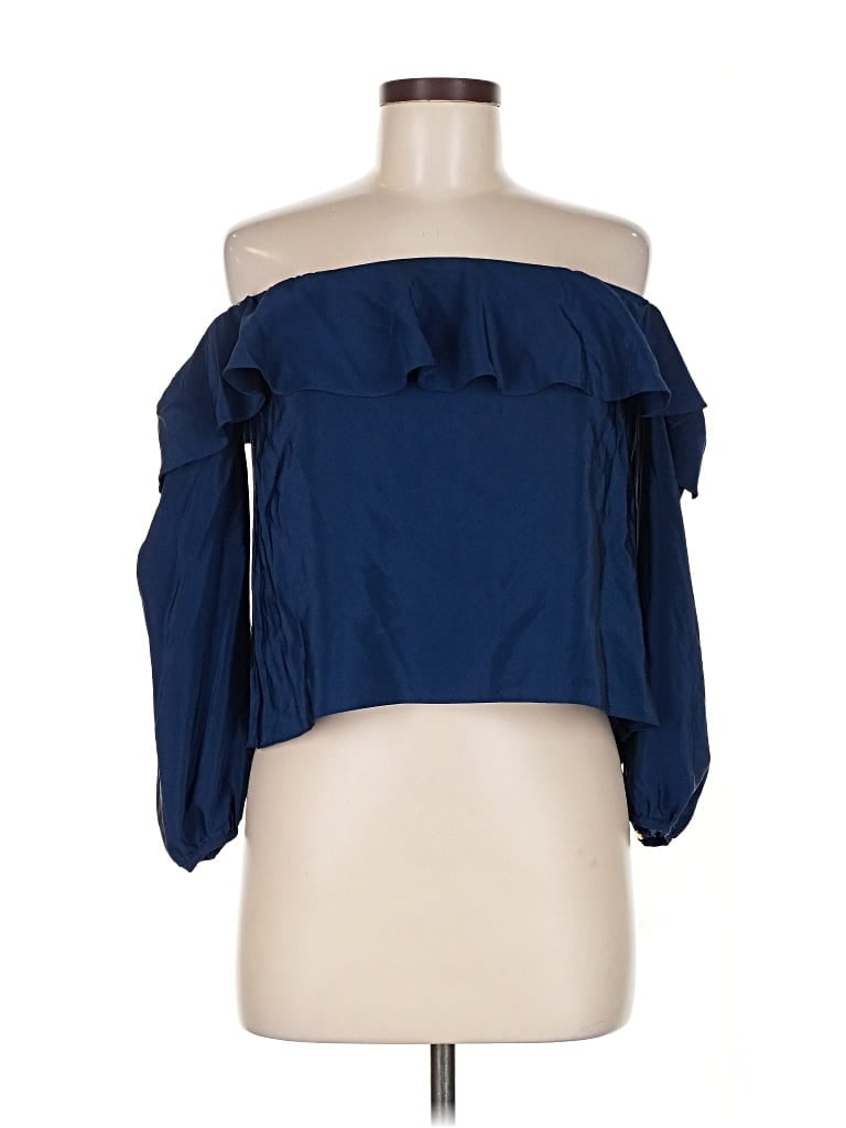 Pre-owned Amanda Uprichard 3/4 Sleeve Silk Top Blue Off The Shoulder Neckline Tops