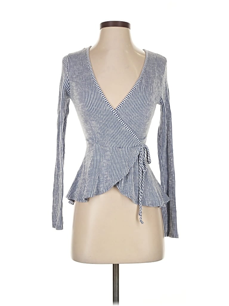 CAUTION TO THE WIND Pre-owned Long Sleeve Top Blue Plunge Neckline Tops