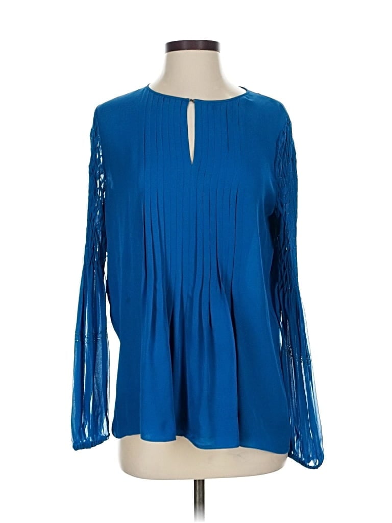 Pre-owned Elie Tahari Long Sleeve Silk Top Blue Keyhole Neckline Tops