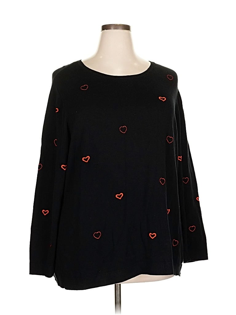 Pre-owned Cj Banks Long Sleeve Top Black Hearts Pattern Square Neckline Tops