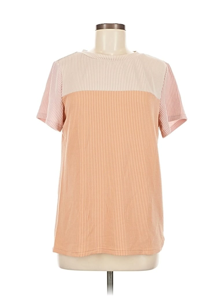 Pre-owned Dokotoo Short Sleeve Top Pink Color Block Pattern Mock Neckline Tops