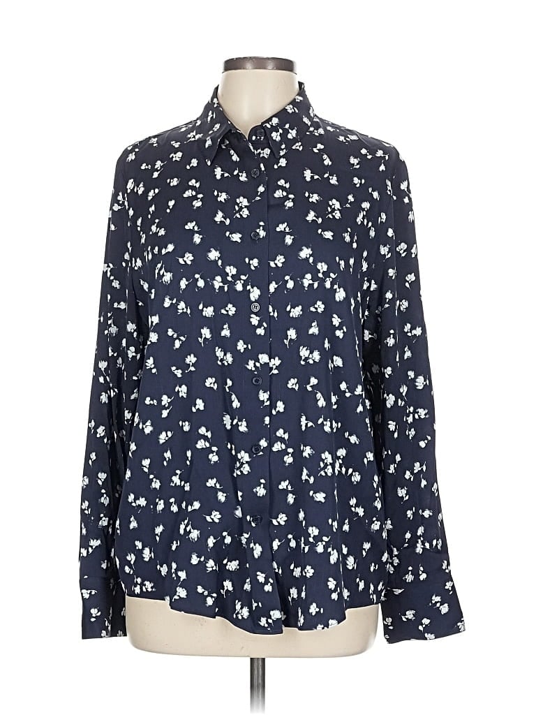 Pre-owned Nordstrom Signature Long Sleeve Silk Top Blue Print Pattern Tie Neck Tops