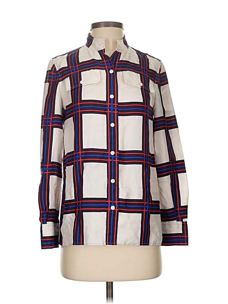 Pre-owned Tory Burch Long Sleeve Silk Top Ivory Checkered/gingham Pattern Square Neckline Tops In White