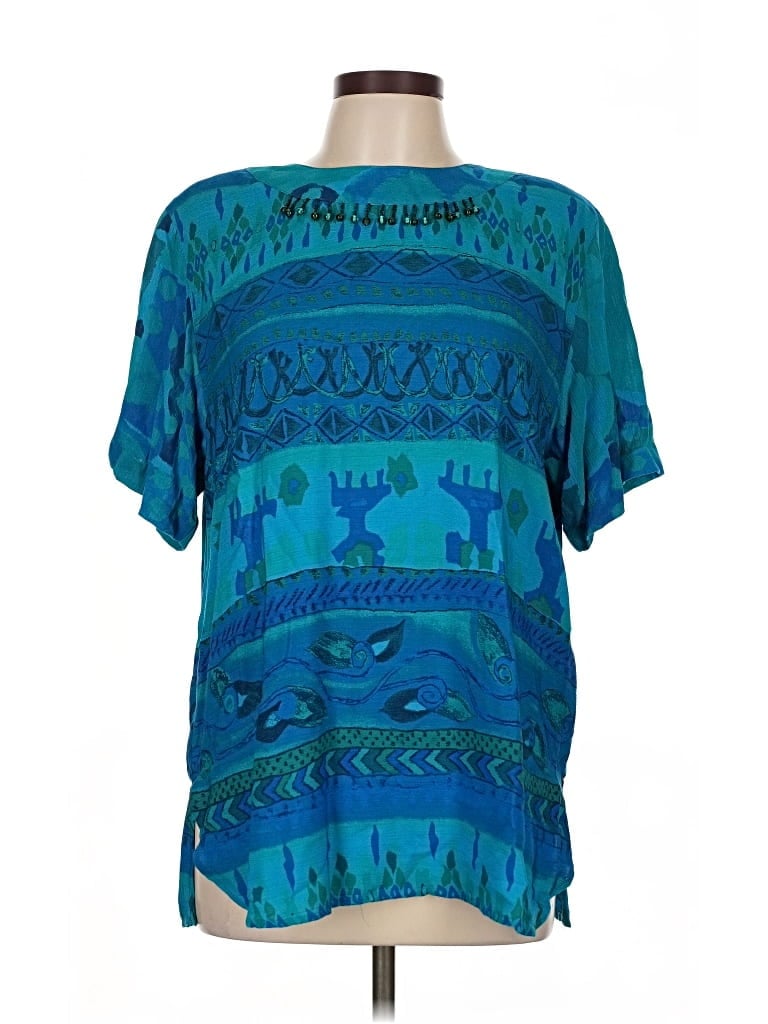 Pre-owned Carole Little Short Sleeve Top Teal Keyhole Neckline Tops In Blue