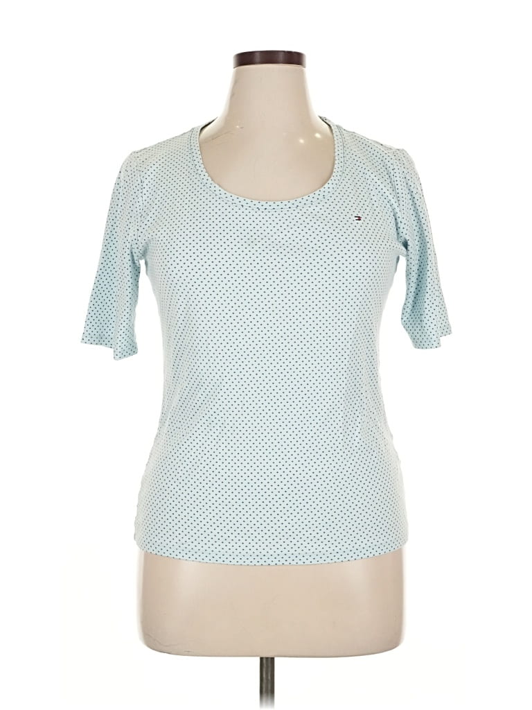 Pre-owned Tommy Hilfiger Short Sleeve Top Teal Scoop Neck Tops In Blue