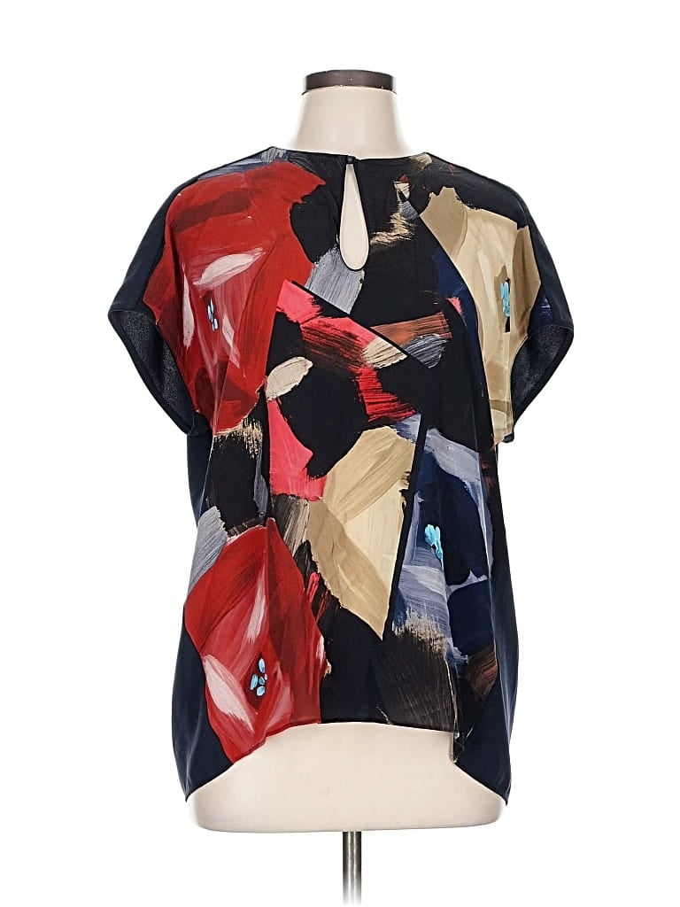 Pre-owned Lafayette 148 Short Sleeve Silk Top Black Graphic Pattern Keyhole Neckline Tops