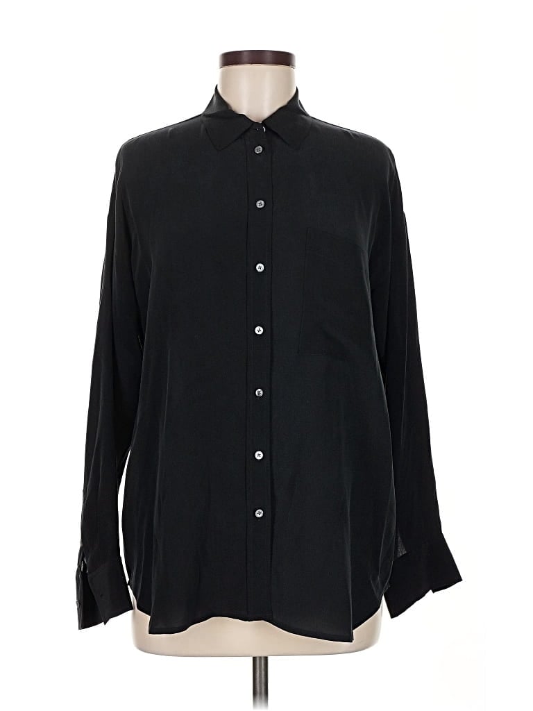 Pre-owned Everlane Long Sleeve Silk Top Black Solid Pattern Mock Neckline Tops