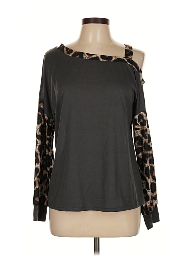 Coeur De Vague Long Sleeve Top Gray One Shoulder Neckline Tops In Animal Print