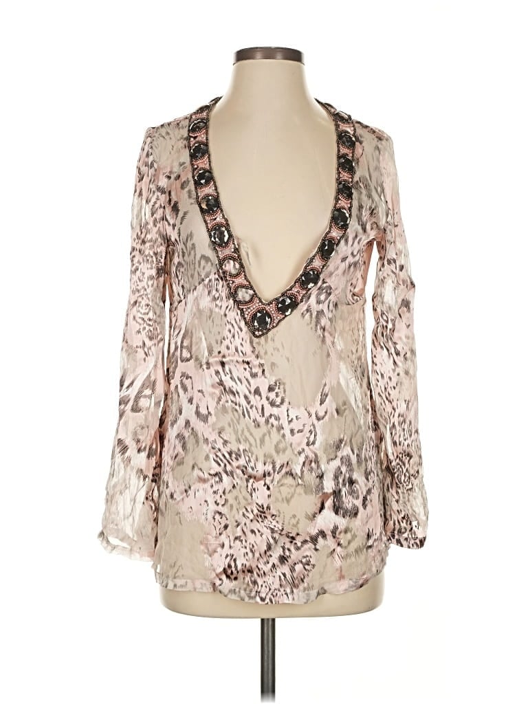 Pre-owned Boston Proper Long Sleeve Silk Top Pink Plunge Neckline Tops