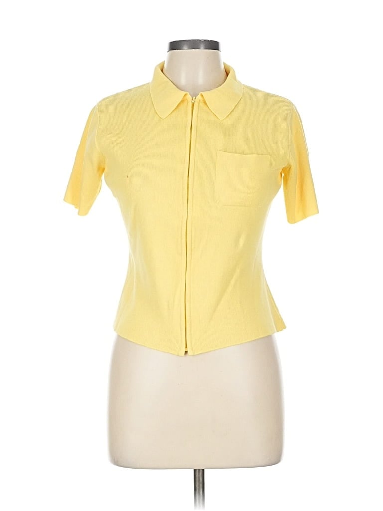 Pre-owned Anne Klein Ii Short Sleeve Top Yellow Collared Neckline Tops