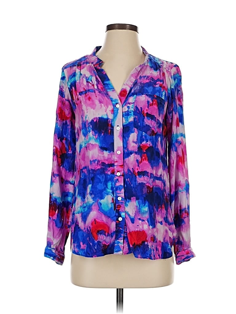 Pre-owned Alice & Trixie Long Sleeve Silk Top Purple Print Pattern Keyhole Neckline Tops