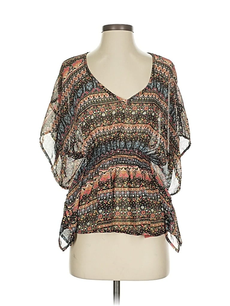 Pre-owned H.i.p. Happening In The Present Short Sleeve Blouse In Brown