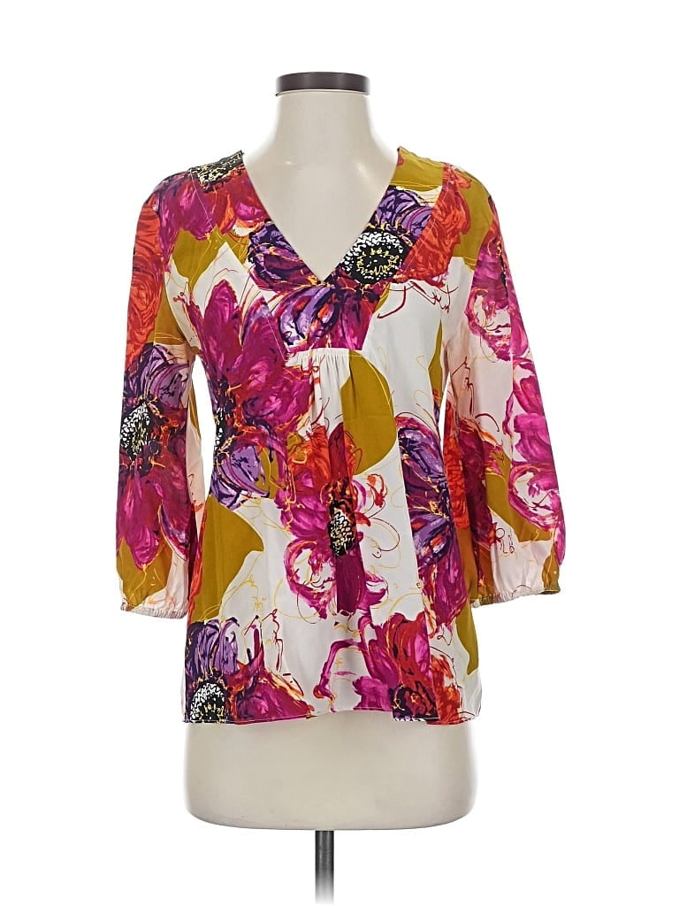 Pre-owned Trina Trina Turk 3/4 Sleeve Silk Top Pink Plunge Neckline Tops