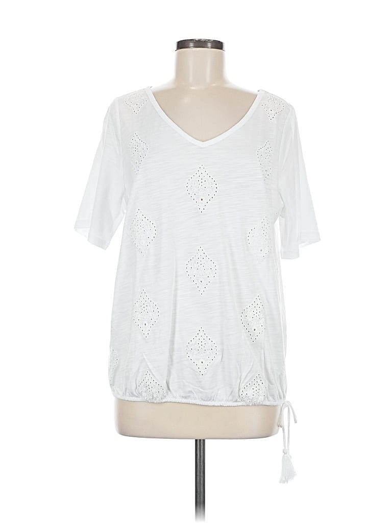 Pre-owned Belle By Kim Gravel Short Sleeve Top White V Neck Tops