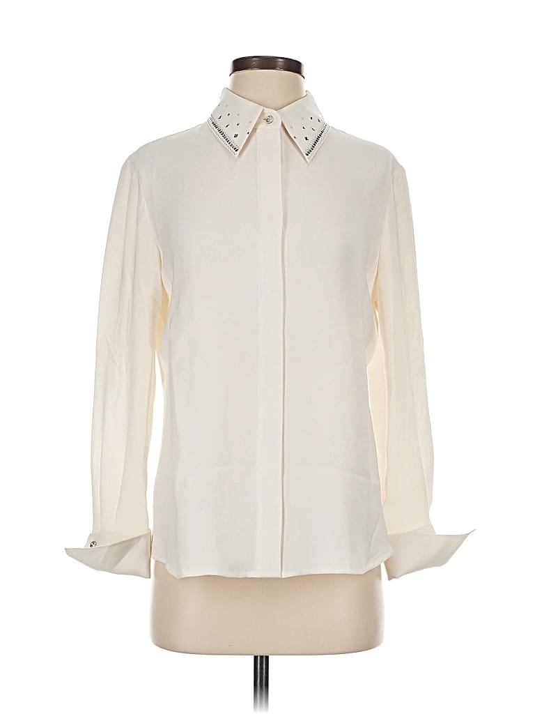 Pre-owned St. John Couture Long Sleeve Silk Top Ivory Collared Neckline Tops In White