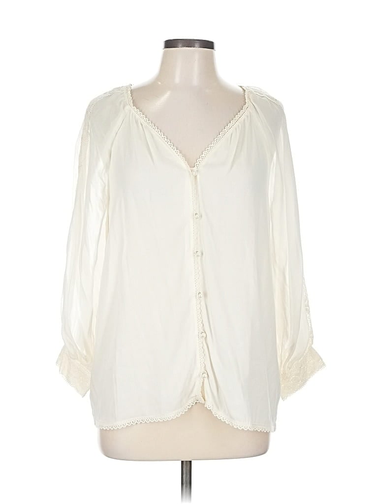 Pre-owned Alice And Olivia Alice + Olivia 3/4 Sleeve Silk Top Ivory Plunge Neckline Tops In White