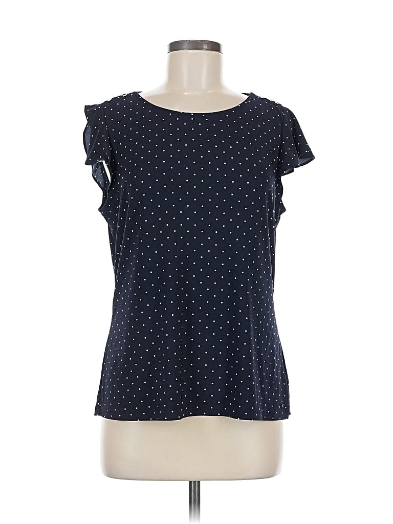 Pre-owned Tommy Hilfiger Short Sleeve Top Blue Polka Dots Pattern Ruffles Neckline Tops