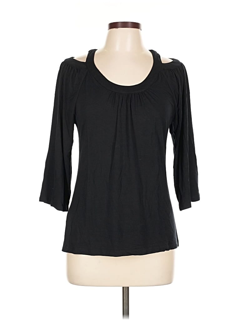 Pre-owned Design History 3/4 Sleeve Top Black Solid Pattern Keyhole Neckline Tops