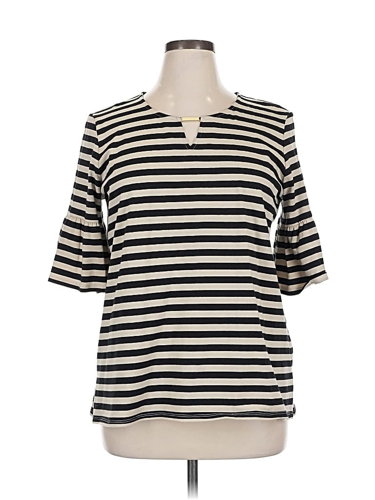 Pre-owned Ruby Rd. Short Sleeve Top Ivory Stripes Pattern Crew Neck Tops In White