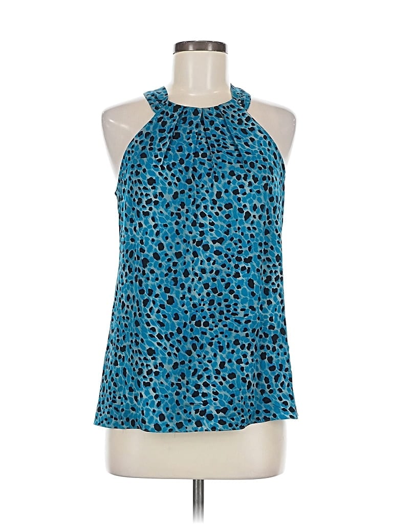 Pre-owned Ann Taylor Sleeveless Silk Top Blue Leopard Print Pattern Halter Neckline Tops