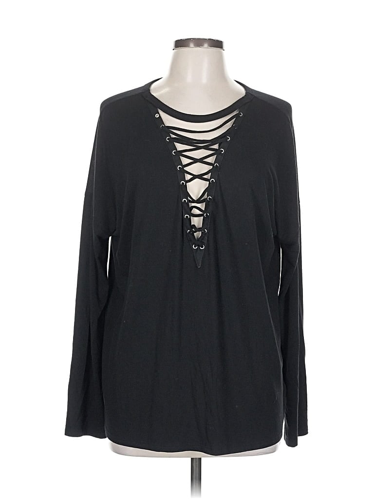 Pre-owned Express One Eleven Long Sleeve Top Black Keyhole Neckline Tops