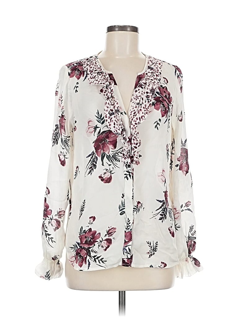Pre-owned Joie Long Sleeve Silk Top Ivory Floral Pattern V Neck Tops In White
