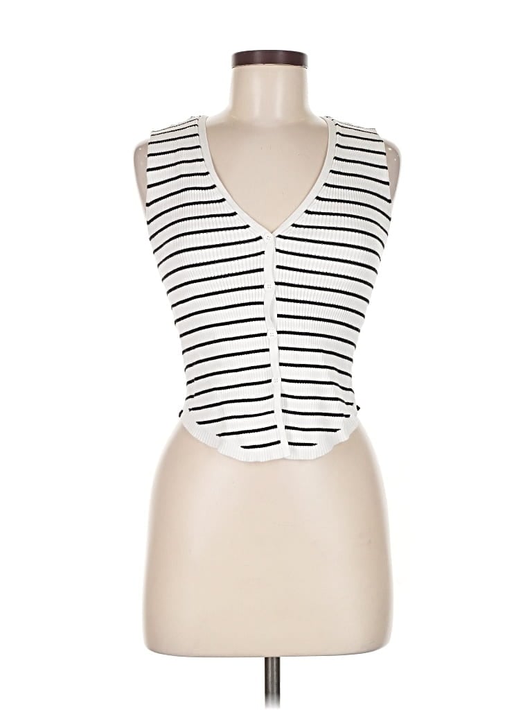 NO COMMENT Pre-owned Sleeveless Top White Plunge Neckline Tops