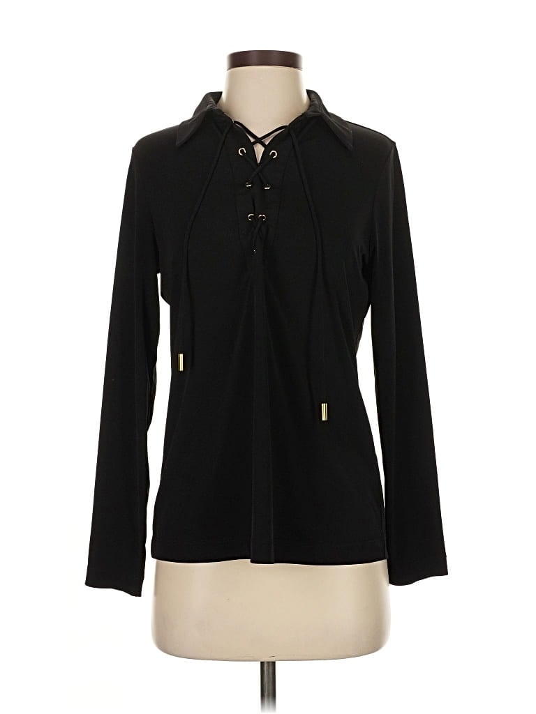 Pre-owned Susan Graver Long Sleeve Polo Shirt In Black