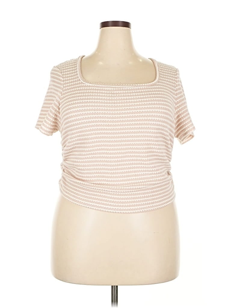 Pre-owned Shein Curve Short Sleeve Top Tan Scoop Neck Tops In Brown