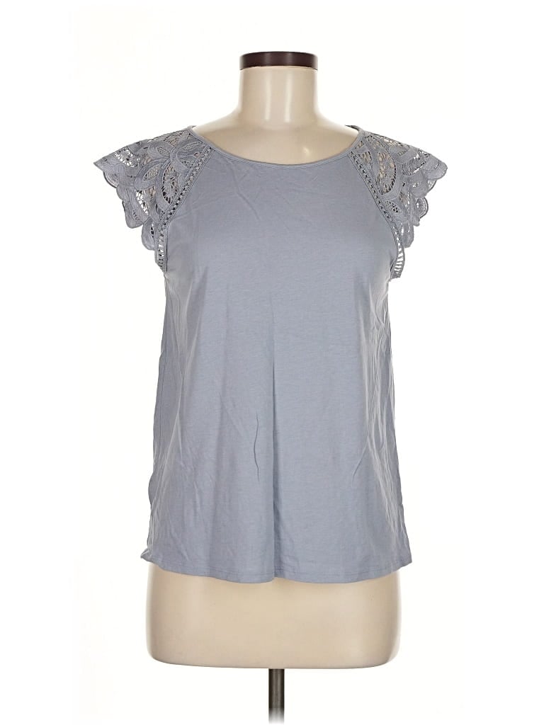 Pre-owned Ann Taylor Loft Short Sleeve Top Gray Ruffles Neckline Tops