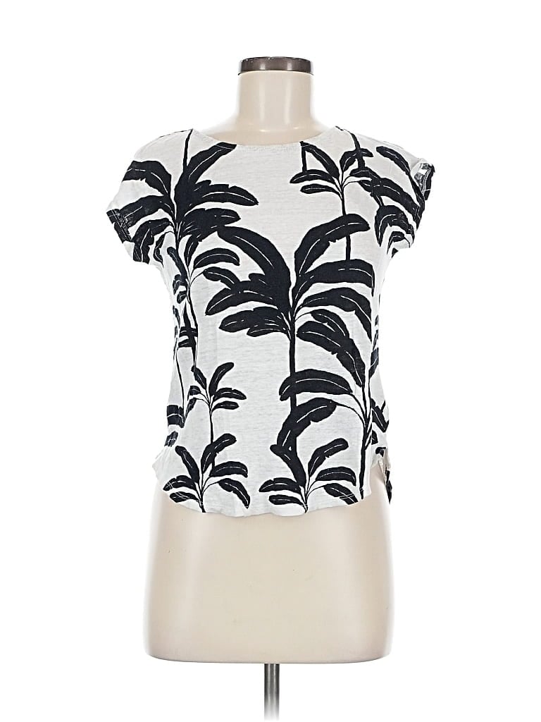 TAHARI Pre-owned Short Sleeve Top Ivory Tropical Pattern Crew Neck Tops In White