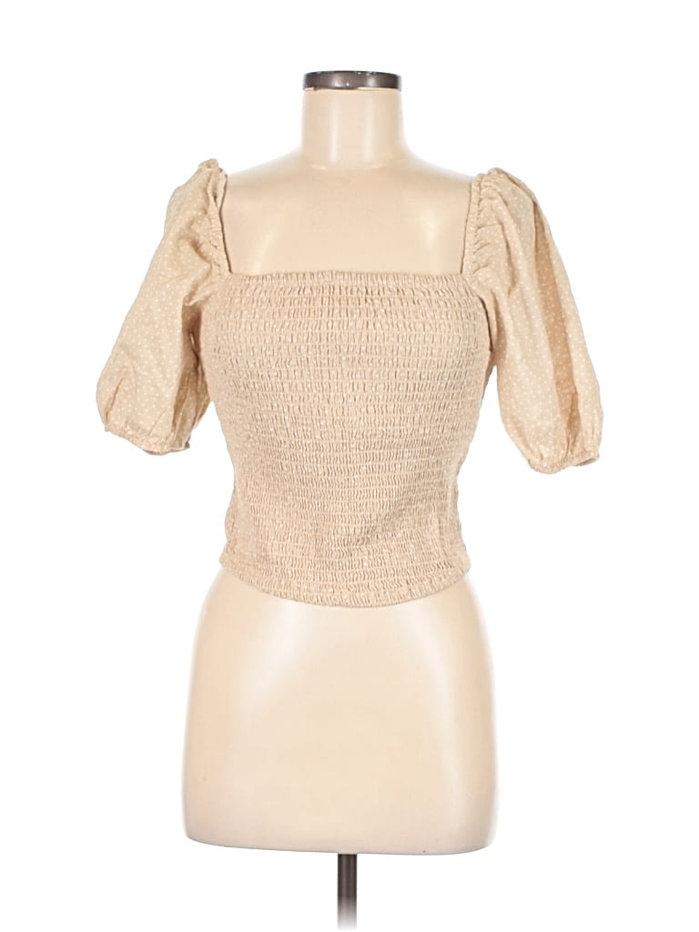 ABERCROMBIE & FITCH Pre-owned Short Sleeve Top Tan Polka Dots Pattern Square Neckline Tops In Brown