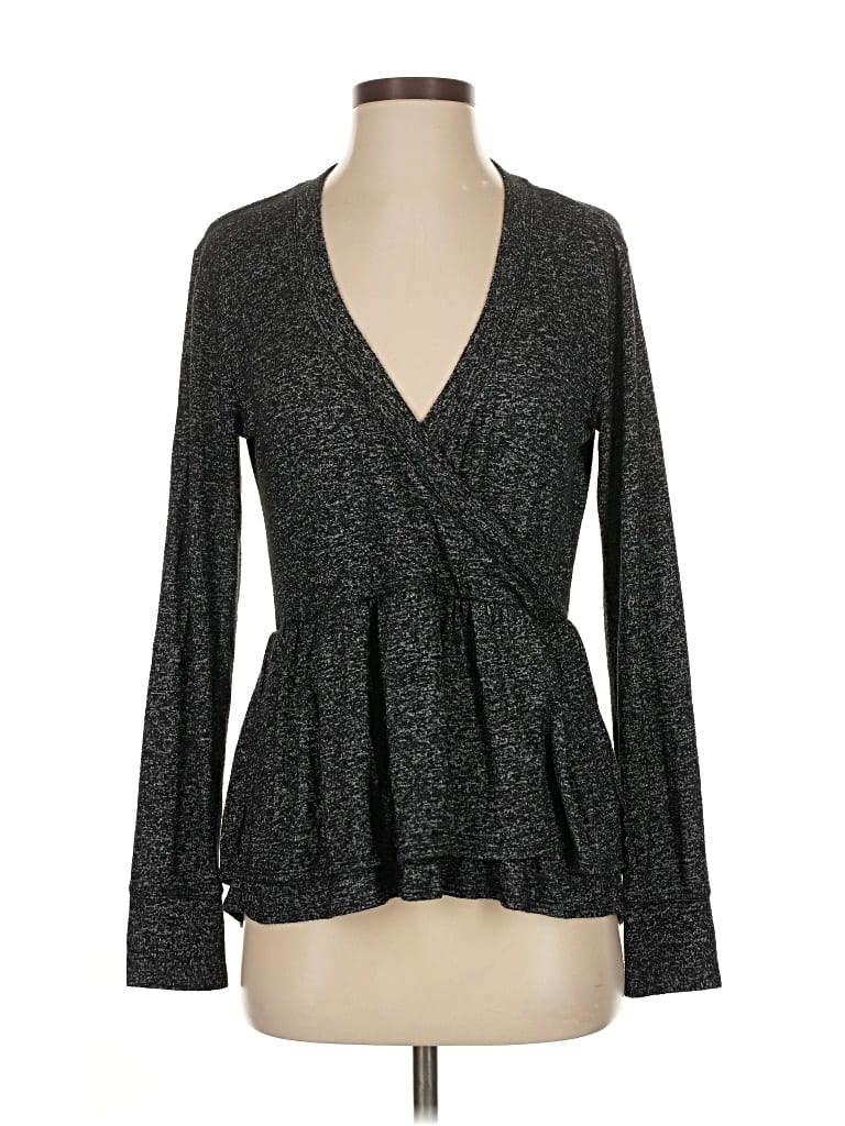 Pre-owned Upwest Long Sleeve Top Gray Plunge Neckline Tops