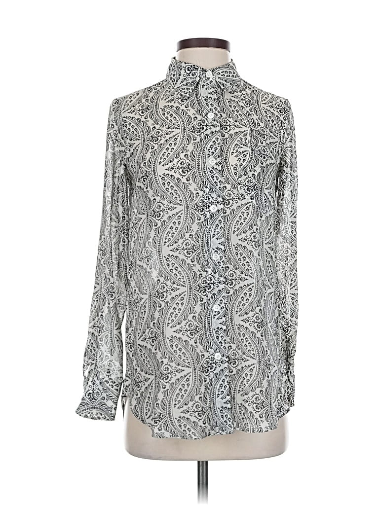 Pre-owned Theory Long Sleeve Silk Top Silver Paisley Pattern High Neck Tops