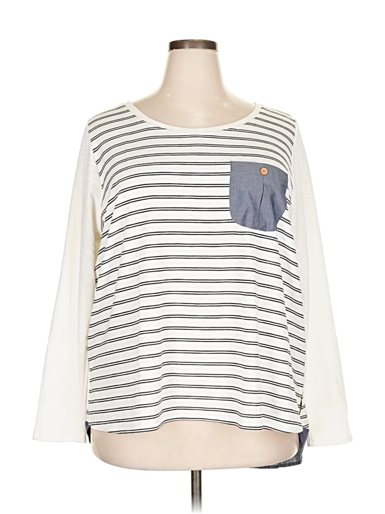 LANE BRYANT Pre-owned Long Sleeve Top Ivory Stripes Pattern Boatneck Tops In White