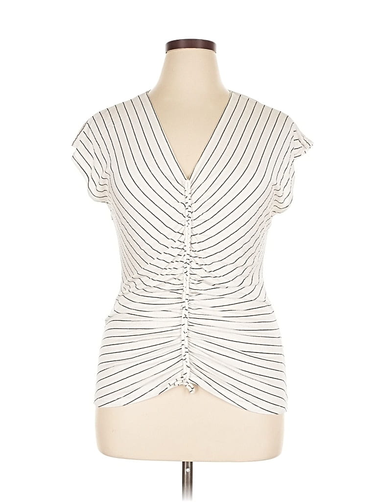 MAX STUDIO Pre-owned Short Sleeve Top Ivory Plunge Neckline Tops In White