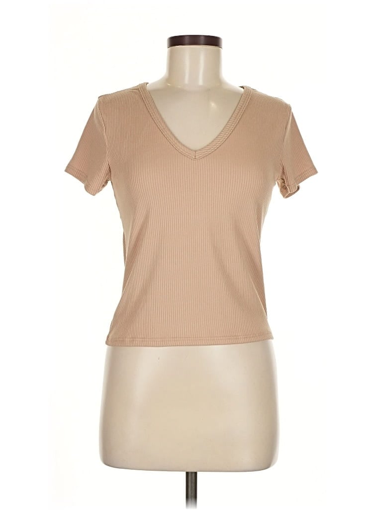 Pre-owned Olivia Rae Short Sleeve Top Tan V Neck Tops In Brown