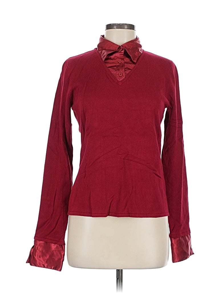 Pre-owned Fred David Long Sleeve Top Burgundy Tie Neck Tops