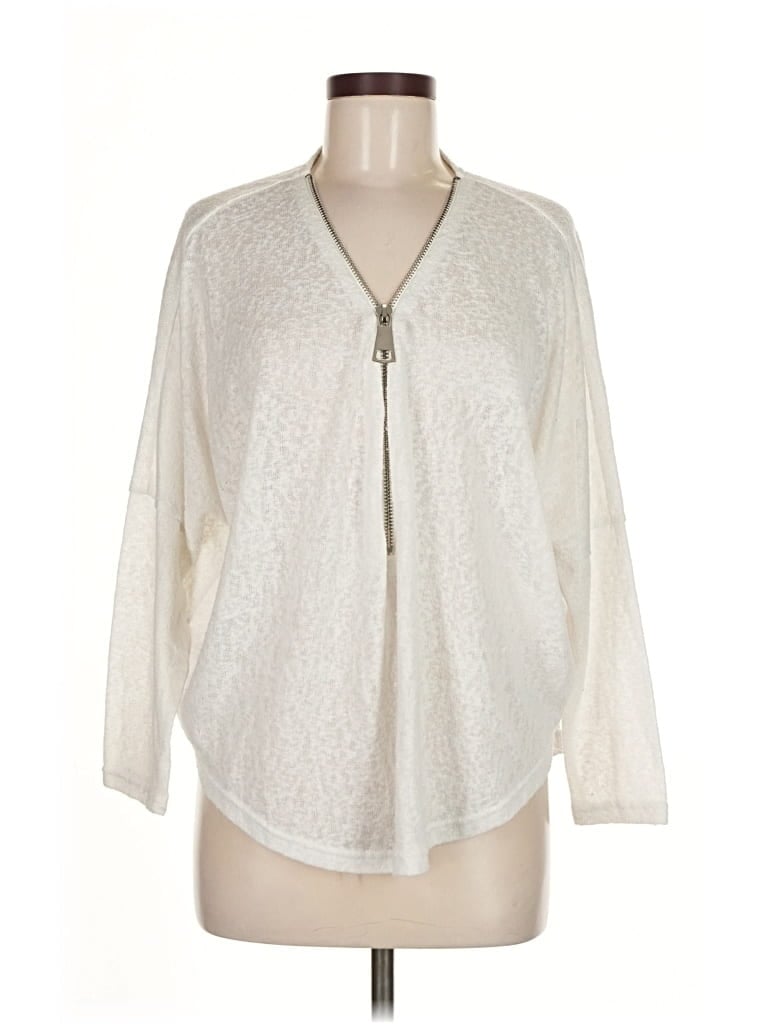 Pre-owned Joan Vass Long Sleeve Top Ivory Plunge Neckline Tops In White