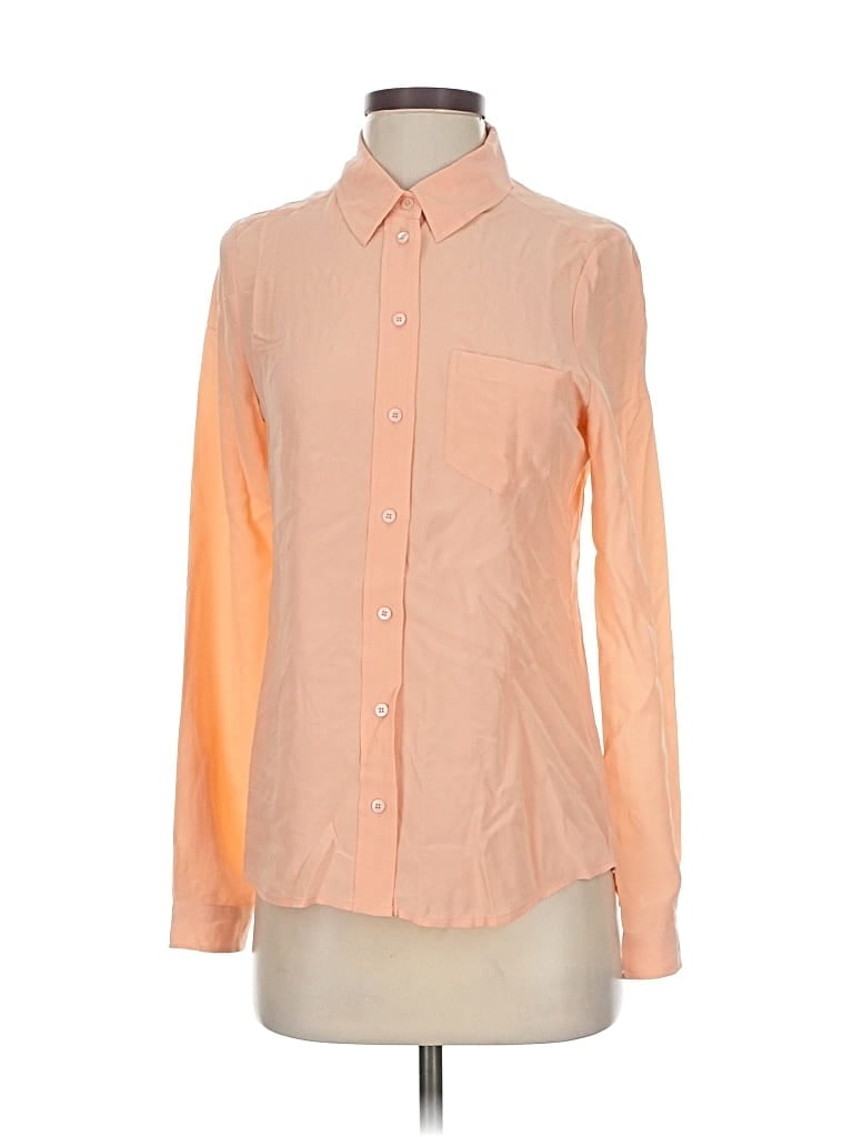 Pre-owned Jaeger Long Sleeve Silk Top Orange Color Block Pattern Collared Neckline Tops