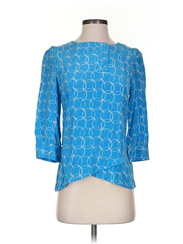 Pre-owned Annie Griffin 3/4 Sleeve Silk Top Blue Square Neckline Tops