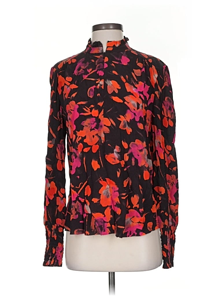 Pre-owned Go By Go Silk Long Sleeve Silk Top Black Floral Pattern Mock Neckline Tops