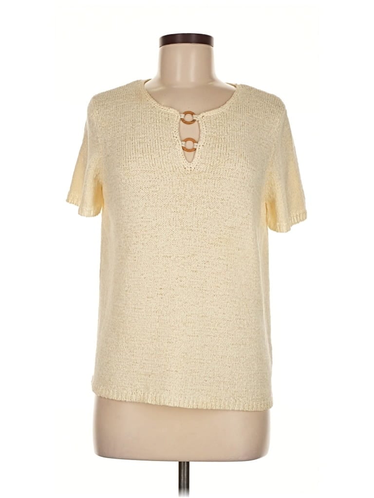 Pre-owned Josephine Chaus Short Sleeve Top Ivory Keyhole Neckline Tops In White