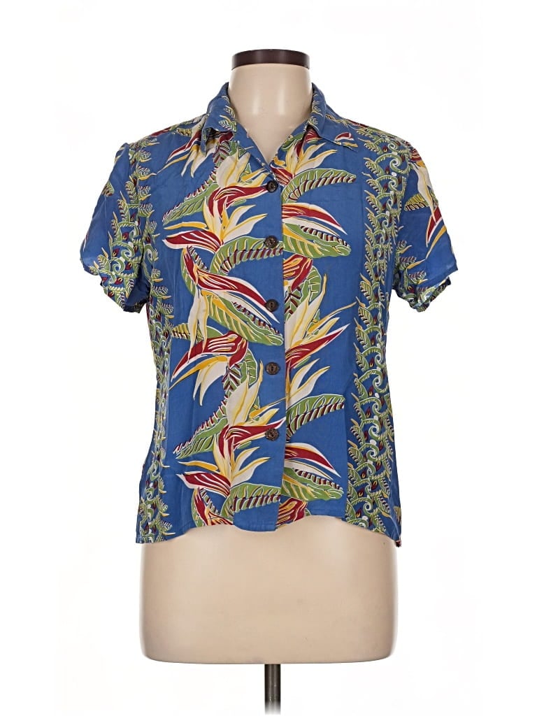 Pre-owned Avanti Short Sleeve Silk Top Blue Tropical Pattern Collared Neckline Tops