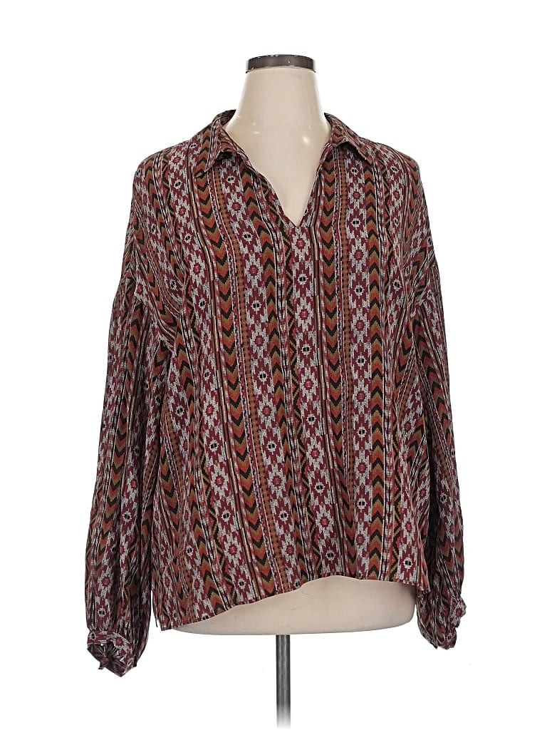 Pre-owned Lafayette 148 Long Sleeve Silk Top Brown Collared Neckline Tops