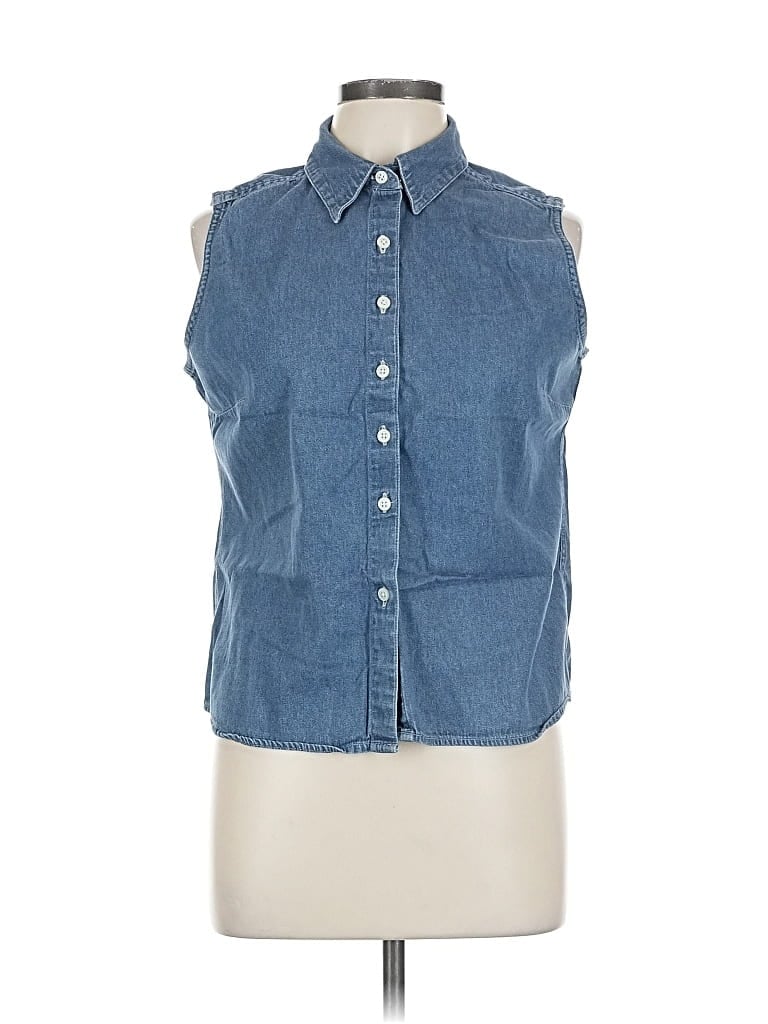 Pre-owned Eddie Bauer Sleeveless Button Down Shirt In Blue