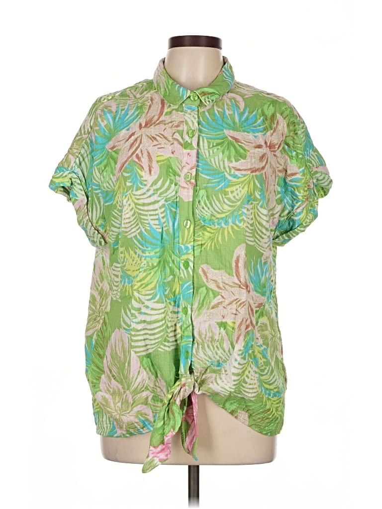 Pre-owned Belle By Kim Gravel Short Sleeve Blouse In Green
